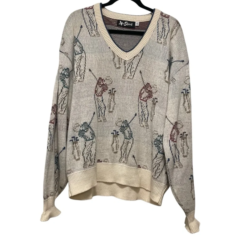 Vintage Alan Stuart Men’s Golf Golfer Graphic Knit Sweater Made In USA Size XL